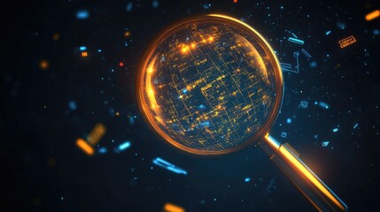 A D magnifying glass with glowing SEO symbols and keywords floating around, representing search engine optimization.