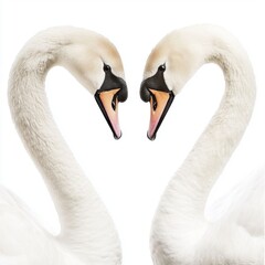 Fototapeta premium Graceful Swans Forming Heart Shape with Their Necks Against White Background in Artistic Composition