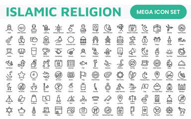 Islamic Icon Set. A beautifully crafted collection of icons reflecting Islamic culture and traditions, educational materials, apps, and websites, and Islamic community.