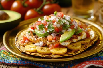 Fototapeta premium Grilled Fish Tostada with Plantain Avocado Salsa and Cilantro Garnish