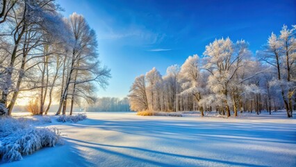 A serene winter forest landscape with a clearing of untouched snow and bare trees against the blue sky , ice