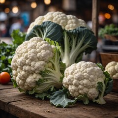 A clean white cauliflower head, side view, placed on a rustic wooden table, blurred farmer’s market stall background.