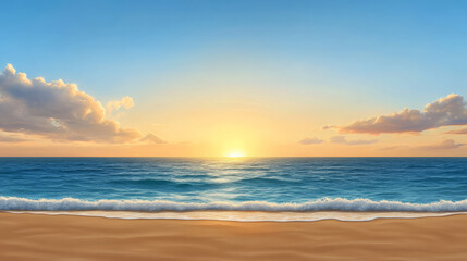 Obraz premium serene beach scene featuring gentle ocean waves, vibrant sunset, and clear blue sky creates peaceful atmosphere. light breeze adds to tranquil setting