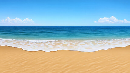 Obraz premium serene ocean view with gentle waves lapping against sandy beach under clear blue sky. tranquil scene evokes sense of peace and relaxation