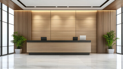 Fototapeta premium Modern reception area with wooden paneling and sleek design, featuring minimalist front desk, potted plants, and large windows for natural light