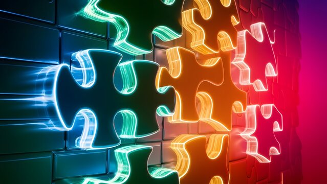 Glowing Neon Puzzle Pieces on Brick Wall Abstract Background - Powered by Adobe