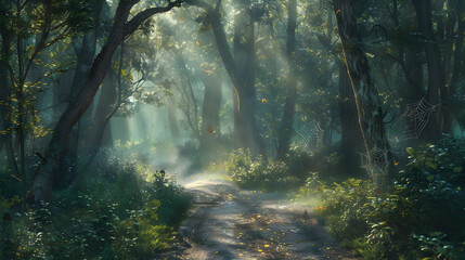 Misty Morning in an Enchanted Forest: Sunlight Breaking Through the Trees
