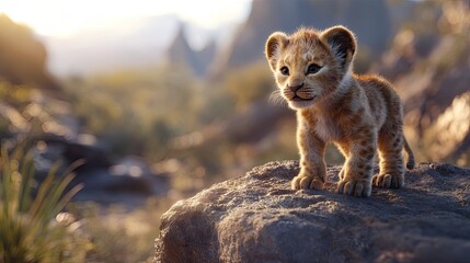 Obraz premium A cute baby lion cub standing tall on a rock, its tiny mane blowing in the wind, with space for copy.