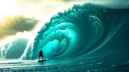A Person Standing in Large Wave, Surfer on perfect blue aquamarine wave, A lone surfer riding a towering ocean wave