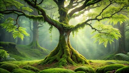 Fototapeta premium Enchanted Forest Scene Moss-Covered Tree with Swing and Sunbeams Piercing Through Canopy