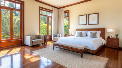 Sophisticated hotel room with king size bed, large windows, and wooden accents, creating serene and inviting atmosphere. Perfect for relaxation and comfort