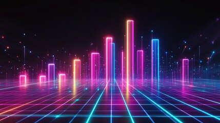 A glowing D bar chart made of neon light, rising over a digital grid floor, symbolizing business growth through tech.