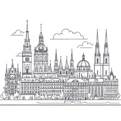 Naklejka premium Gothic Architecture Cityscape Skyline European City Buildings