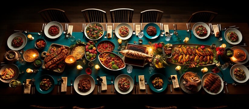 A Lavish Feast: An Overhead Shot of a Sumptuous Table Setting