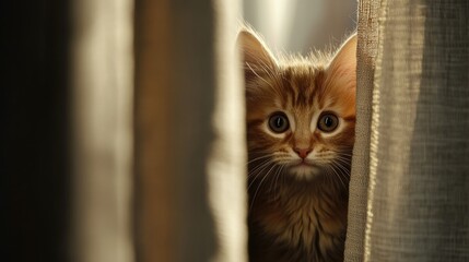 A playful kitten peeking out from behind a curtain, with a soft background and clear space for copy.