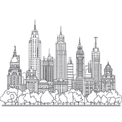 Fototapeta premium Cityscape Skyline Modern Buildings Trees Night View