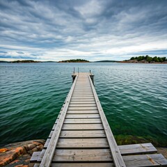Obraz premium The rustic charm of a wooden pier in Stockholm’s archipelago, surrounded by emerald-green waters. 