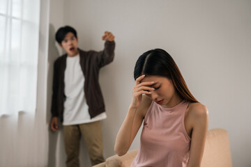 Relationships problems conflicts in marriage. Depressed stressed violence young couple man and...