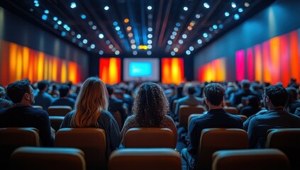 Conference Audience: A large audience attentively listens to a presentation in a brightly lit conference hall.
