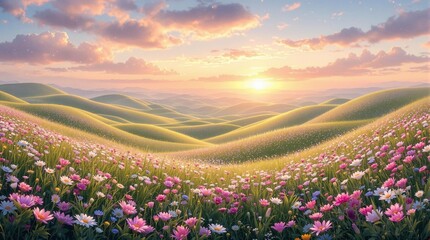Fototapeta premium Enchanting Pastoral Fantasy: Golden Hour Hills and Blooming Wildflowers