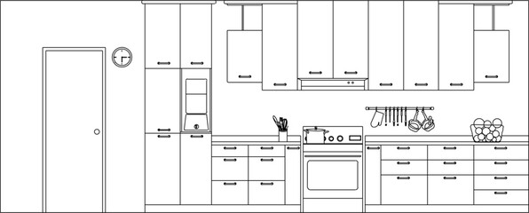 vector illustration design image of kitchen interior detail with kitchen set for cooking