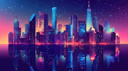 Neon City Skyline Reflected In Calm Waters At Night