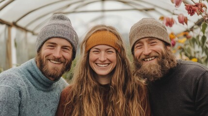 Three Joyful Friends Sharing Laughter and Warmth in a Greenhouse Embracing Nature's Beauty with Beanies and Cozy Sweaters