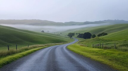 Misty Morning Drive Through Rolling Hills