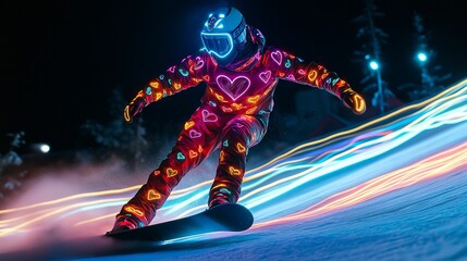 Fototapeta premium A snowboarder wearing a futuristic LED suit glowing with heart patterns as they glide downhill at night, leaving trails of colorful light in the snow