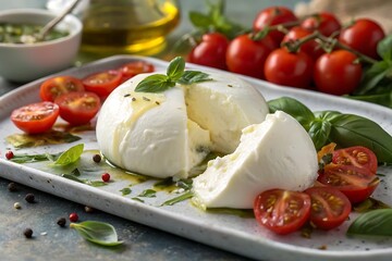 Burrata Cheese with Fresh Basil and Cherry Background