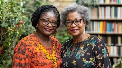 Portrait of Two Affectionate African Women Smiling Together in a Lush Garden, Celebrating Sisterhood, Heritage, and Intergenerational Bonding