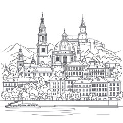 Obraz premium Salzburg Cityscape Artistic Sketch Hohensalzburg Fortress Church Spire Buildings River