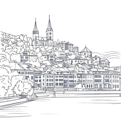 Fototapeta premium European city sketch church skyline buildings river