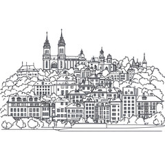 Obraz premium Majestic European Cityscape Line Art Sketch Dark Architecture Buildings Trees Night