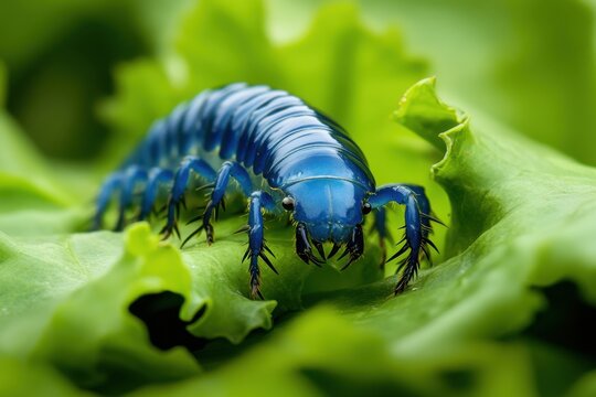 Vibrant Blue Polydesmida Millipede Exploring Lush Green Lettuce Leaf