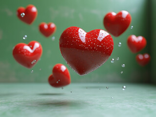 Fototapeta premium Floating red hearts with water droplets on green background create romantic and joyful atmosphere. Perfect for expressing love and affection