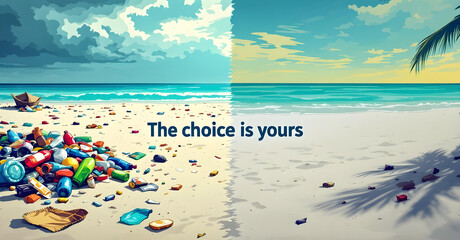 Obraz premium The choice is yours: Contrasting polluted and clean beaches to promote environmental responsibility