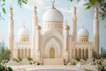 Fototapeta premium Eid al-Adha theme with mosque decorations . An elegant Arabic-style room adorned with intricate gold decorations, showcasing rich cultural artistry and opulence.