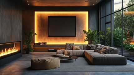 Fototapeta premium Cozy and Inviting Living Room Featuring a Large Plush Couch Surrounded by Warm Natural Light with a Beautiful Stone Fireplace Creating a Perfect Relaxation Space for Family Gatherings