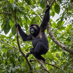 Fototapeta premium Gibbon Foraging for Food: Agile Movements in the Lush Rainforest