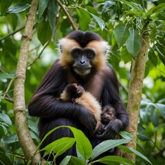 Obraz premium Tender Moment of a Mother Gibbon Caring for Her Baby in the Rainforest