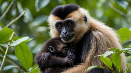 Fototapeta premium Mother Gibbon with Baby: A Heartwarming Moment in the Rainforest