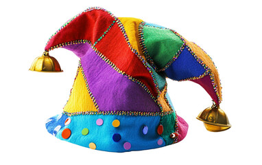 A Colorful Clown Hat with Bells Representing Purim Celebration Isolated on transparent background.