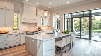 Fototapeta premium Bright and Inviting Kitchen with Spacious Marble Island Surrounded by Natural Light Streaming Through Large Window Creating a Warm and Contemporary Culinary Space for Entertaining