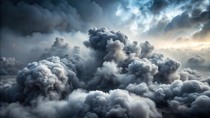 Naklejka premium Dense fog envelops the landscape creating a surreal atmosphere with huge smoke clouds on a gray sky background , haze, smoke