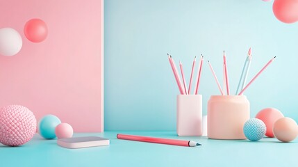 Pink pencils and pastel colored spheres creating a cheerful back to school scene