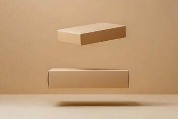 Floating Boxes: A minimalist composition featuring two rectangular cardboard boxes suspended in mid-air against a soft beige background. The boxes cast subtle shadows.