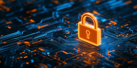 Cybersecurity Concept with a Glowing Orange Lock on Circuit Board
