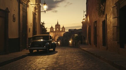 Sunset in San Miguel de Allende: Classic Car on Cobblestone Street