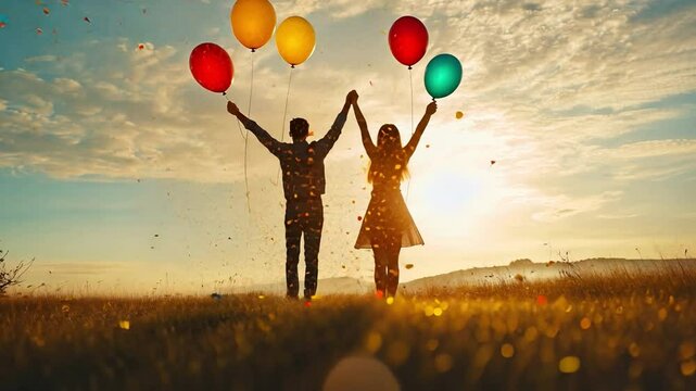 A couple celebrating with balloons and confetti, marking a significant achievement.
